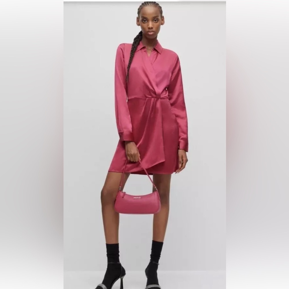Hugo Boss Dress Womens Size 6 Long Sleeve Pink Satin Wrap Front Katharulla